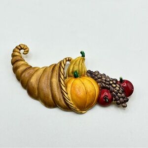VTG Tona Cornucopia Horn of Plenty Thanksgiving Day Brooch Enamel Gold Tone